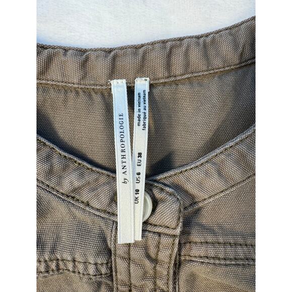 Anthropologie Brown Button Utility Dress Cargo Shirt Denim Sleeveless 6 Tie - Picture 8 of 13